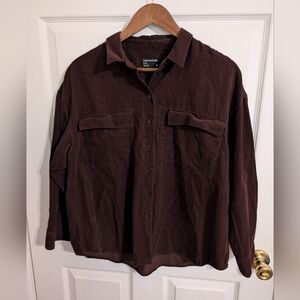 Frank And Oak Womens Top Brown Cordutoy Button Long Sleeve Shirt Size Medium